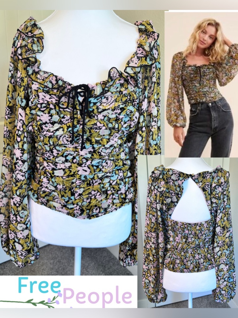 Free People Mabel Printed Blouse Ruched Puffy Sleeves Lace Up Front Boho Small